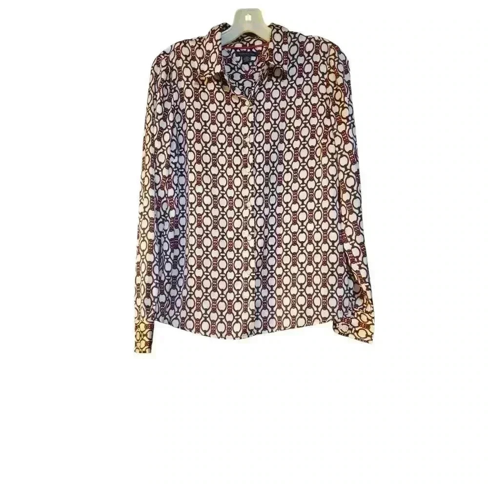 Tommy Hilfiger Women Chain Link Equestrian Blouse Quiet Luxury Size M Career Top